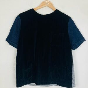 Marni velvet, denim and knit zip back short sleeve boxy fit top. Size Medium